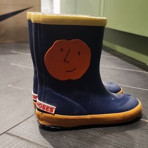 Bobo Choses Navy Rain Boots with Yellow Trim and Orange Patch